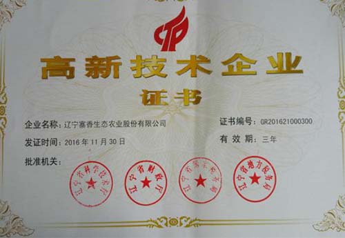 吉林高新技术企业证书